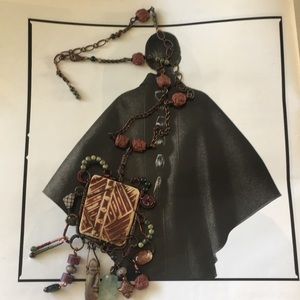 Vintage  metal , wire,  wood ,  jade , stone carved necklace